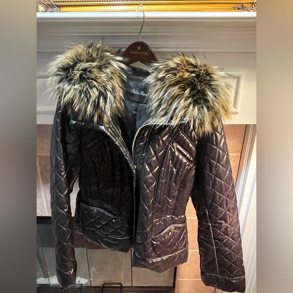 Black Quilted nylon Jacket with real fur collar